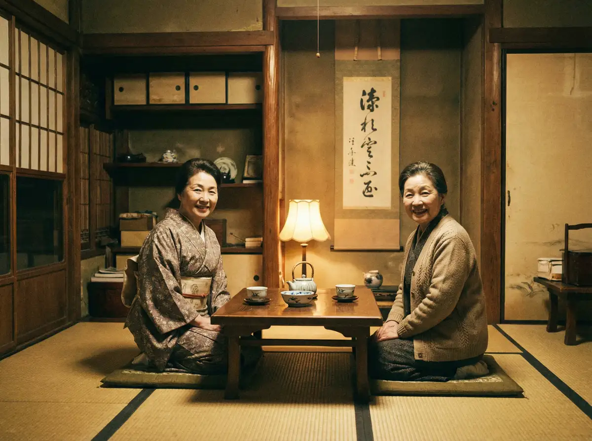两位优雅的 BOB体育 在日式茶室中品茶交谈